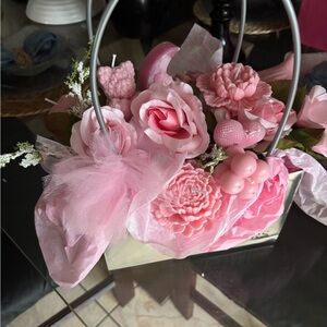 Pink Floral Candle in Glass Holder handmade